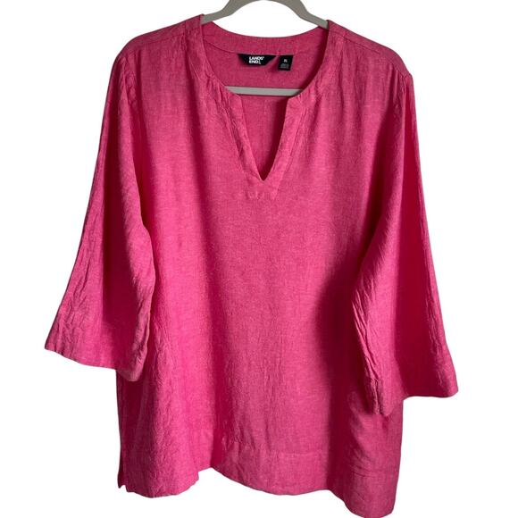 Lands' End Tops - Lands’ End Tunic Top Sz XL Linen Blend Pockets Pink V-Neck Lagenlook Casual